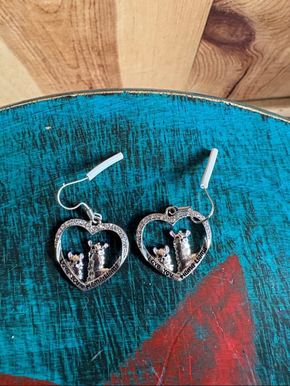 Heart Frame Love You Mama llama Dangle Earrings in Silver Tone